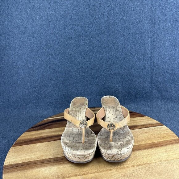 Tory Burch Brown Cork Wedge Heel Thong Sandals Logo Women's 6.5M - Picture 3 of 12